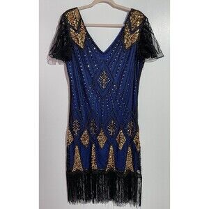 Fundaisy Flapper Dress XL 1920s Beaded Fringe Gatsby Style Party Mesh Sheer Prom